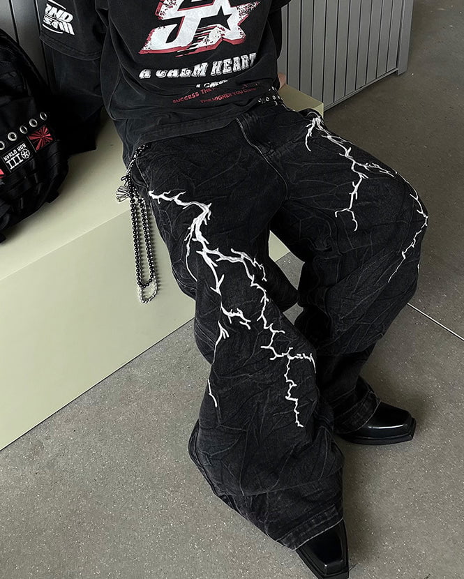 Washed Heavy Embroidery Denim Pants - Image 4