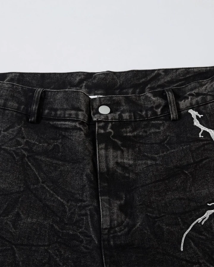 Washed Heavy Embroidery Denim Pants - Image 7