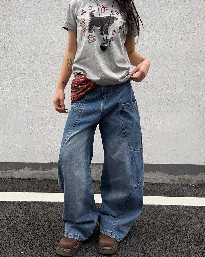 Washed Panel Design Loose Fit Denim Pants - Image 2