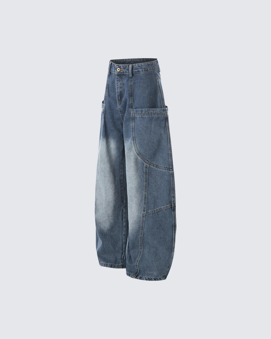 Washed Panel Design Loose Fit Denim Pants - Image 3