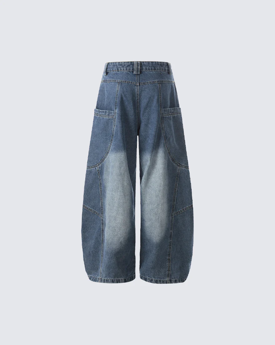 Washed Panel Design Loose Fit Denim Pants - Image 4
