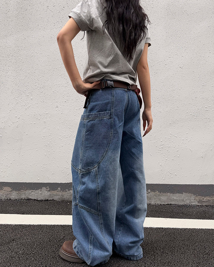 Washed Panel Design Loose Fit Denim Pants - Image 5