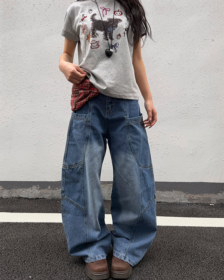Washed Panel Design Loose Fit Denim Pants - Image 6
