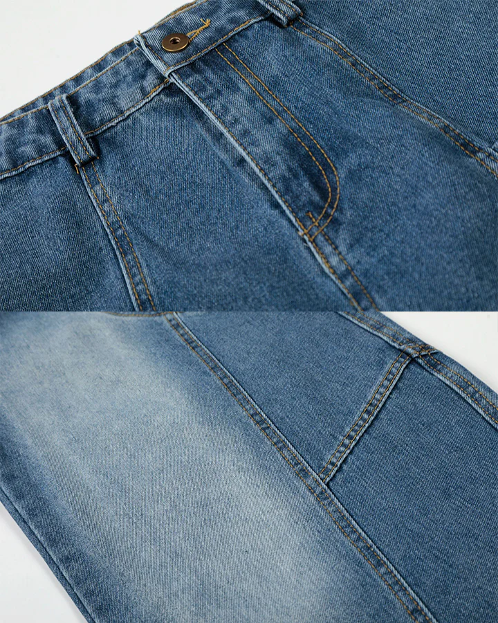 Washed Panel Design Loose Fit Denim Pants - Image 7