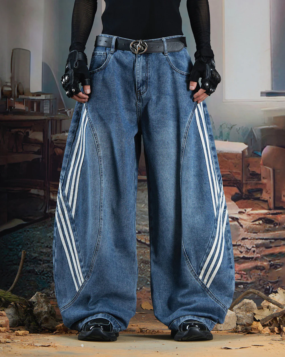 Washed Side Stripe Panel Denim Pants - Image 2