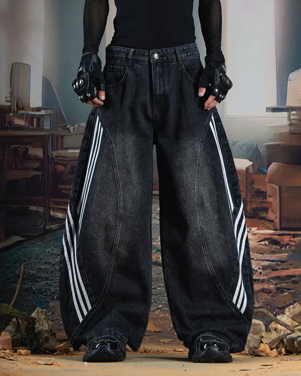 Washed Side Stripe Panel Denim Pants - Image 4