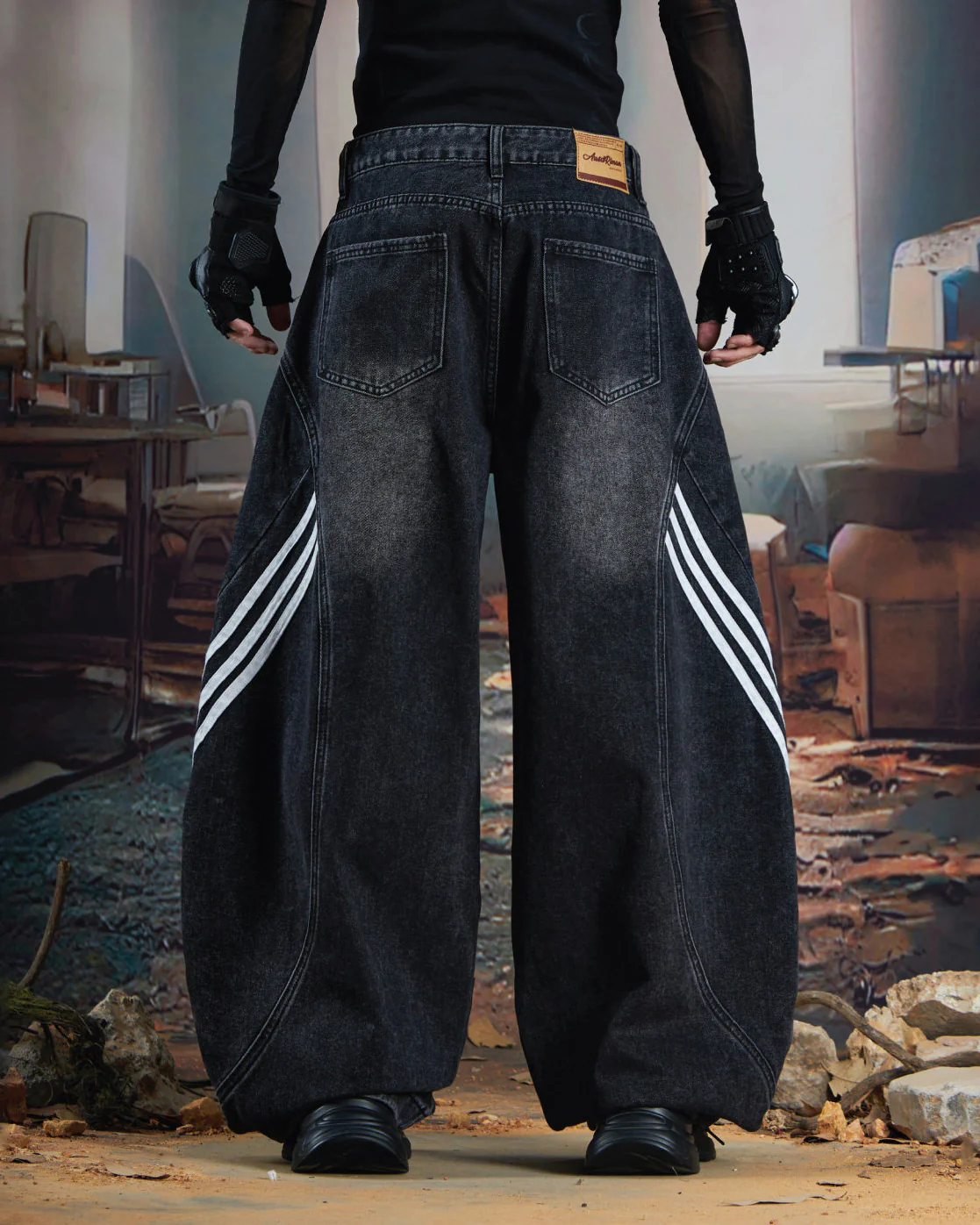 Washed Side Stripe Panel Denim Pants - Image 5