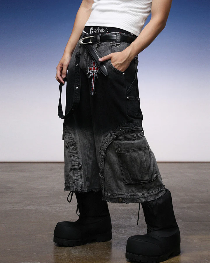 Washed Utility Wide Leg Cargo Shorts - Image 2