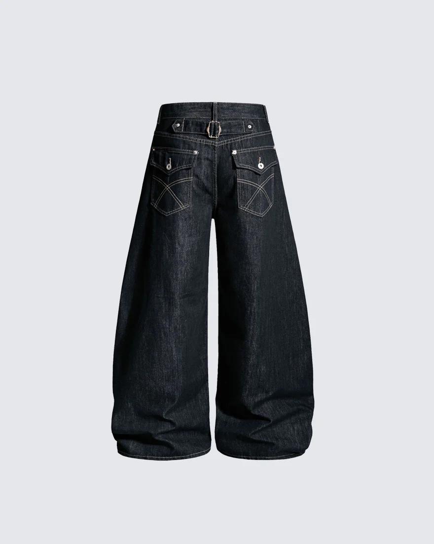 Wide Leg Denim Cargo Casual Pants - Image 2